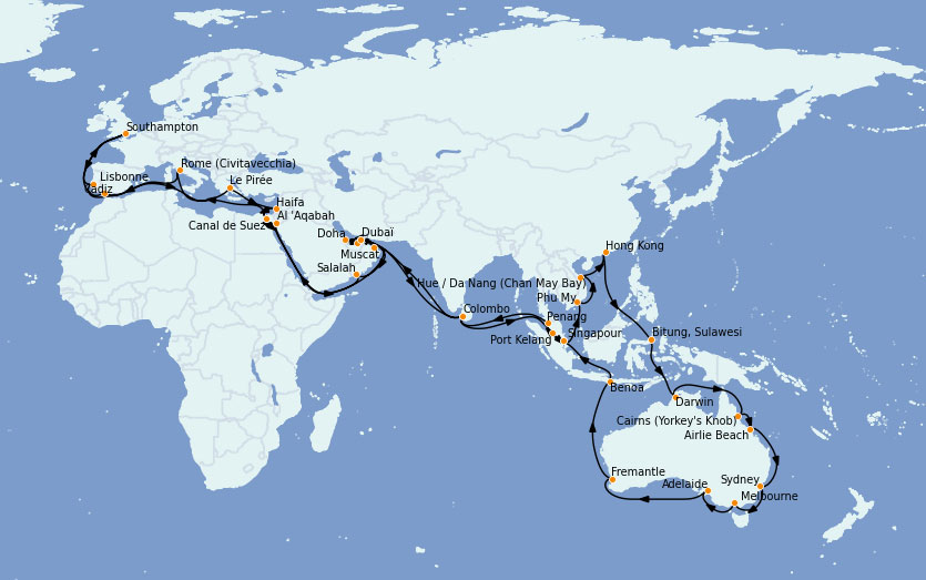Itinerario alrededor del mundo 2022 a bordo del Queen Mary 2