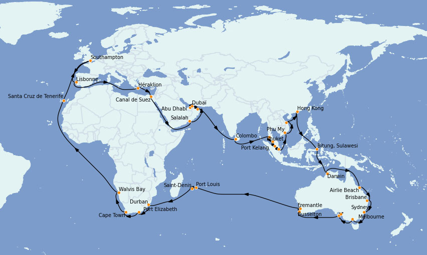 Itinéraire du tour du monde 2023 à bord du Queen Mary 2
