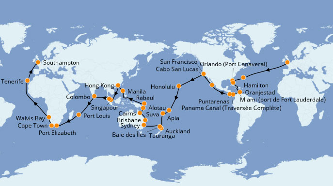 Itinerario alrededor del mundo 2022 a bordo del Queen Victoria