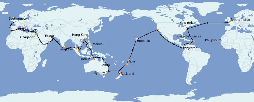 Itinéraire du tour du monde 2023 à bord du Queen Victoria