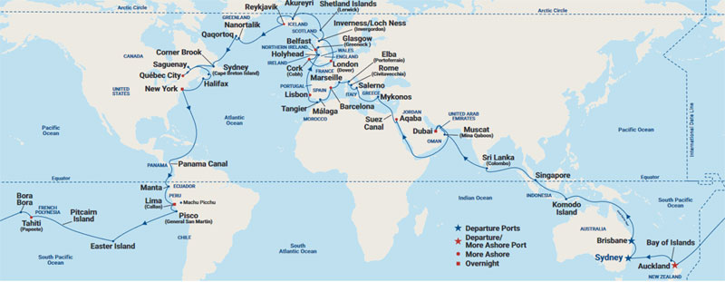 El itinerario alrededor del mundo 2023 a bordo del Coral Princess