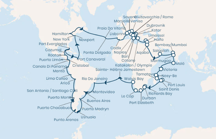 El itinerario de la Vuelta al Mundo de Costa Cruceros 2023