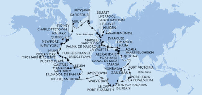 L'itinéraire du tour du monde MSC 2024