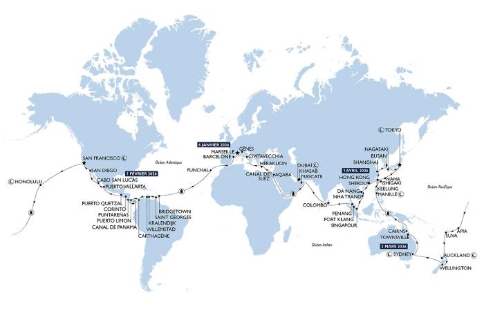 itinéraire du tour du monde msc 2026