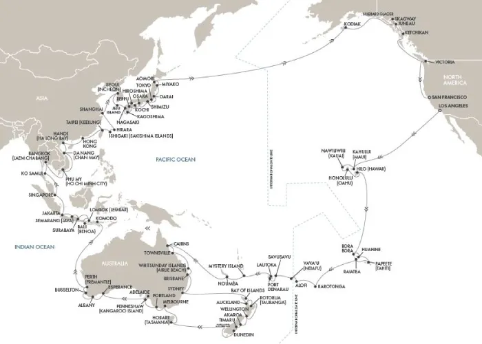 Itinéraire du tour du monde Regent Seven Seas 2028